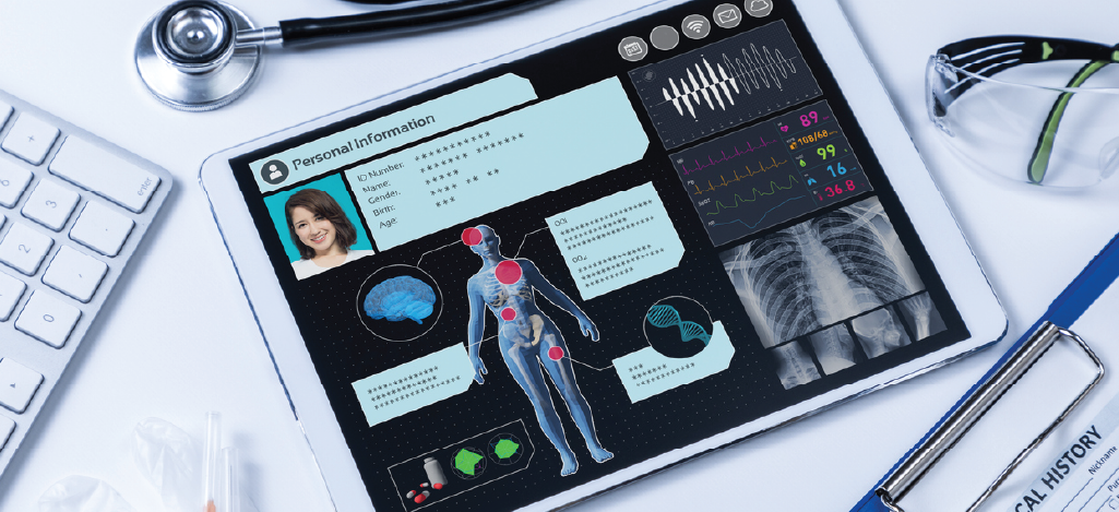  EMR system showing a patient’s medical record on a digital tablet device.