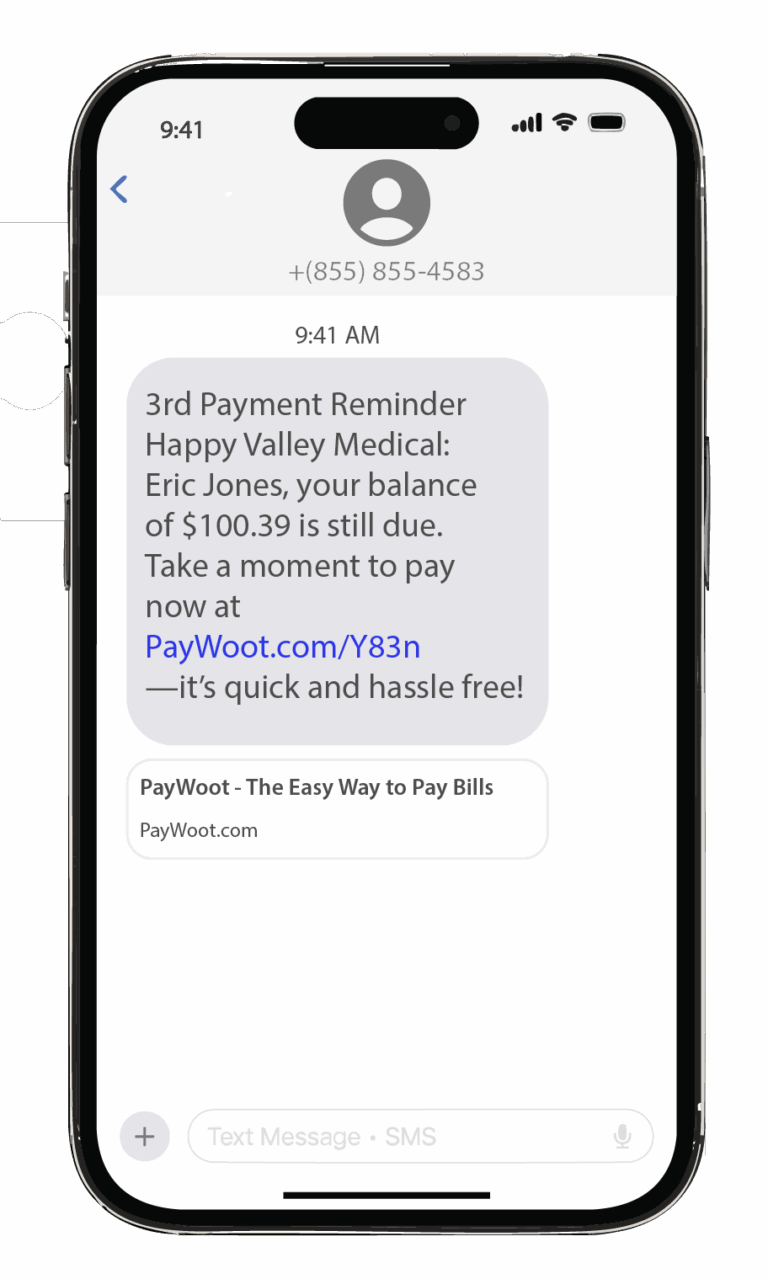 A phone with a text PayReminder message