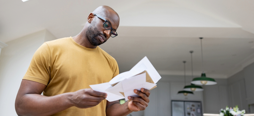 Benefits of direct mail inserts - A man at home checking his mailed medical bill.